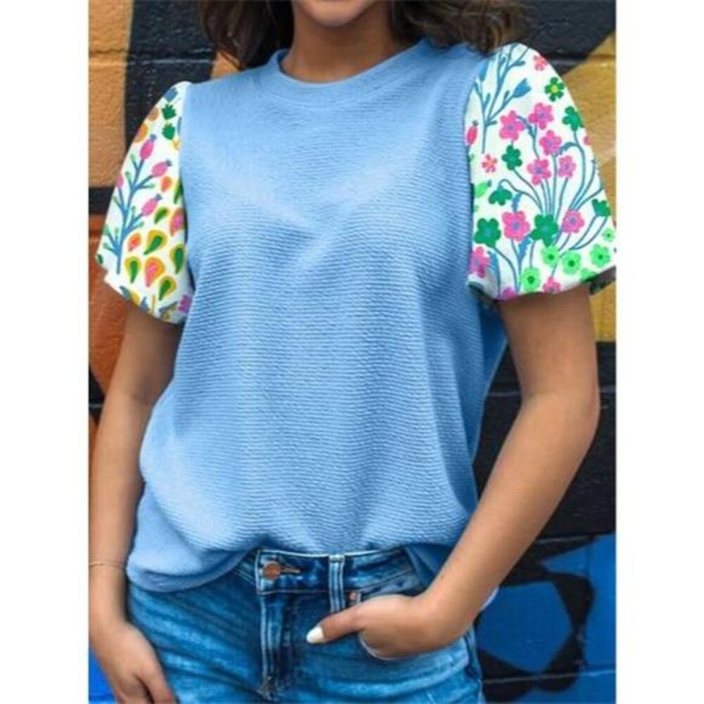 Round Neck Textured Contrast Floral Bubble Sleeve Blouse